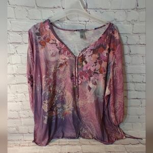 Catherines 4X Open Sleeve Tassel Floral Purple Tunic Top